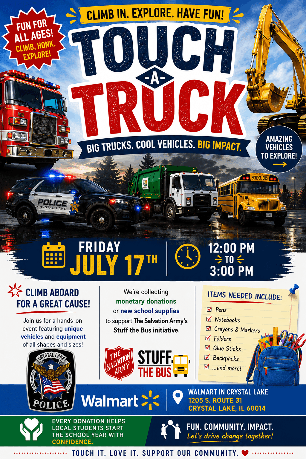 The Salvation Army of Crystal Lake Touch a Truck Stuff the Bus event flyer. North and Central Illinois Division.